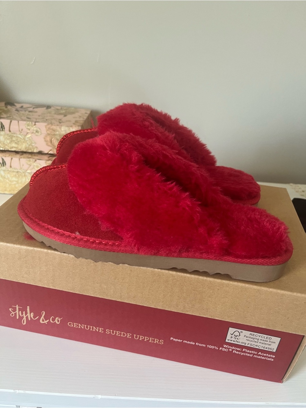 Style & Co. Red Suede Fur Slide Slippers